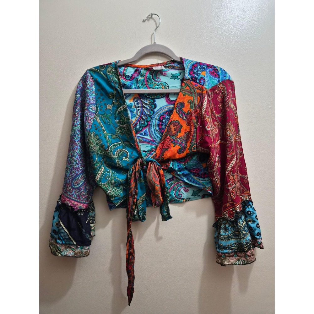 Boho Silk Blend Paisley Patchwork Wrap Top Cropped Ruffle Sleeve Multicolor M/L